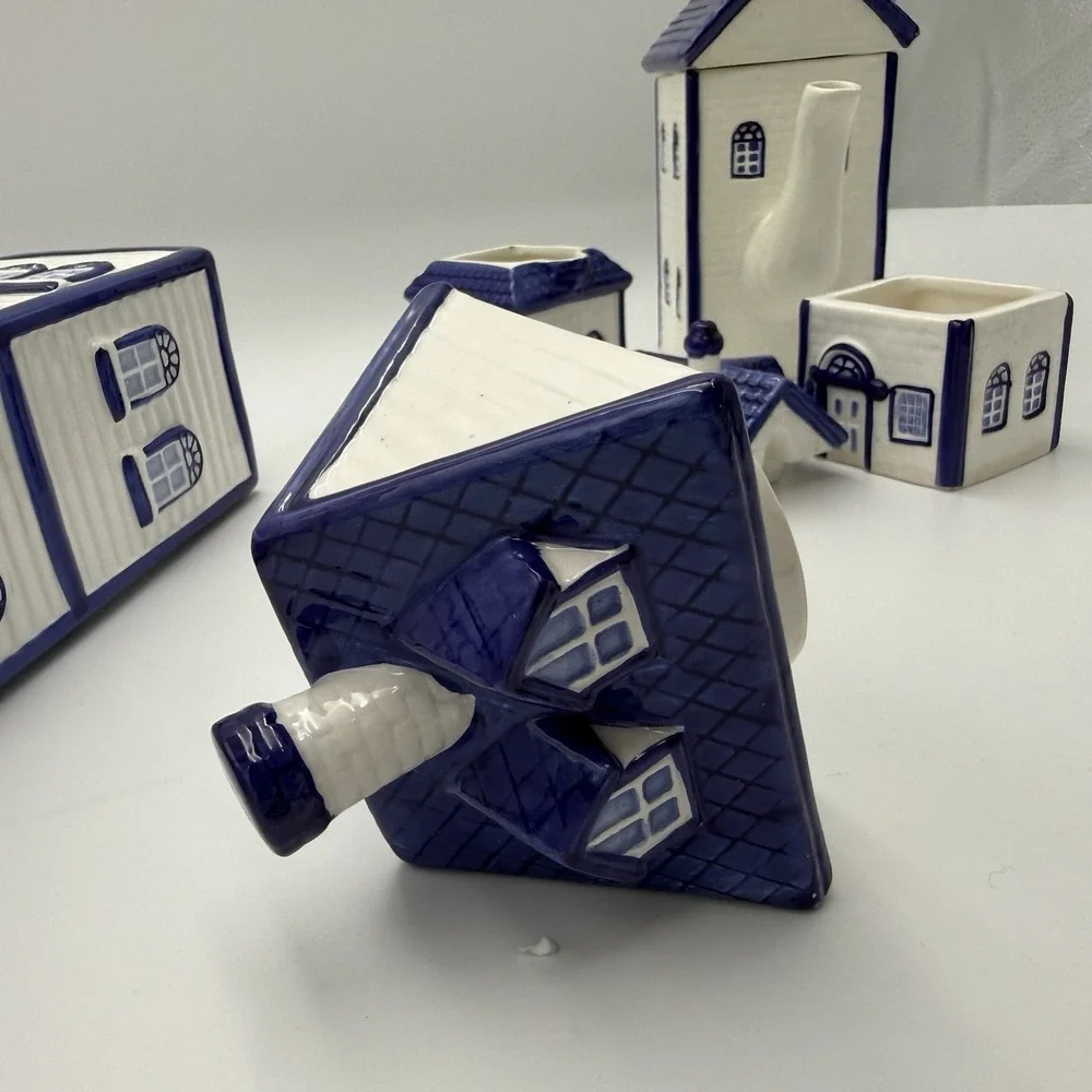 Vtg CKAO Blue White Ceramic House Canister Set 5pc w Lids Pasta Tea Cottagecore